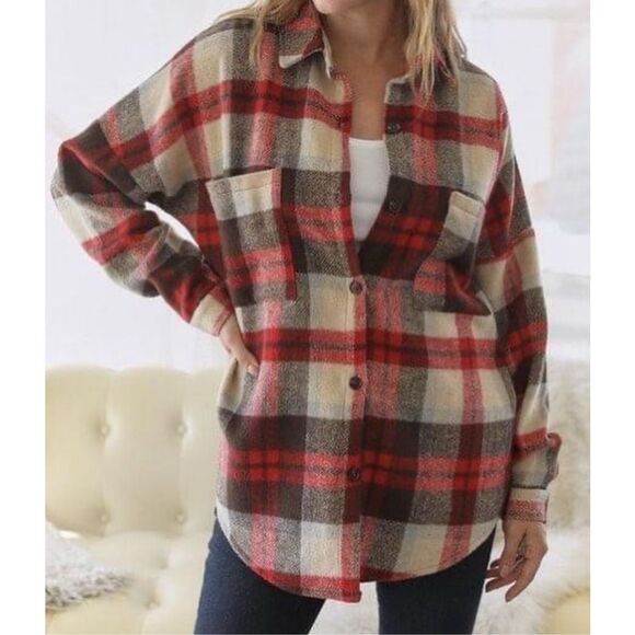 Davi & Dani Red Plaid Flannel Shacket Size Small - Picture 1 of 5